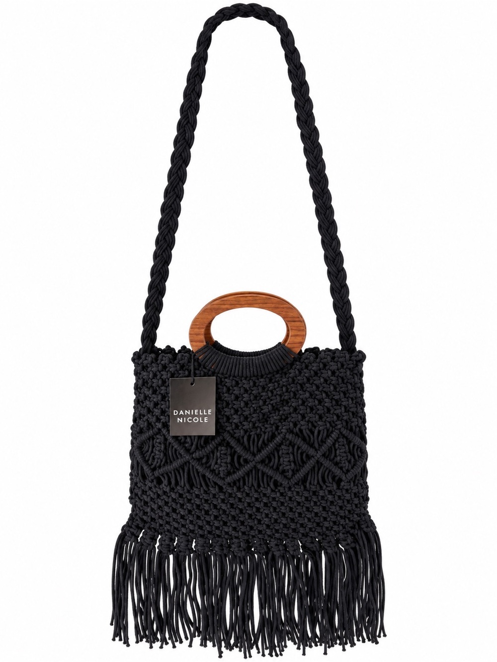 NWT Danielle Nicole Black Macrame Fringe Boho Bag